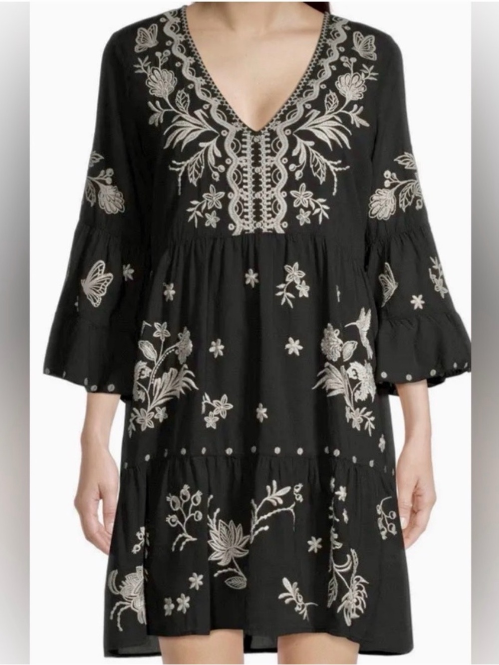 Johnny Was Black Mini Dress with Cream Embroidery Accents